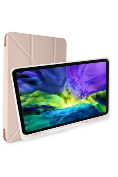 Samsung Galaxy Tab A8 10.5 Sm-x200 Kılıf Kalem Bölmeli Trifolding Silikon Case  Rose Gold