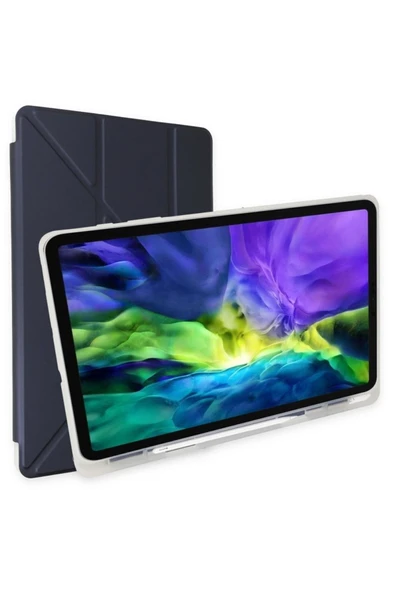 Samsung Galaxy Tab A8 10.5 Sm-x200 Kılıf Kalem Bölmeli Trifolding Silikon Case  Lacivert