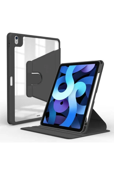 Apple Ipad 10. Nesil 10.9 2022 Kılıf Dönebilen Kapaklı Kalemlikli Arkası Şeffaf Standlı Kalem Yuvalı  Siyah