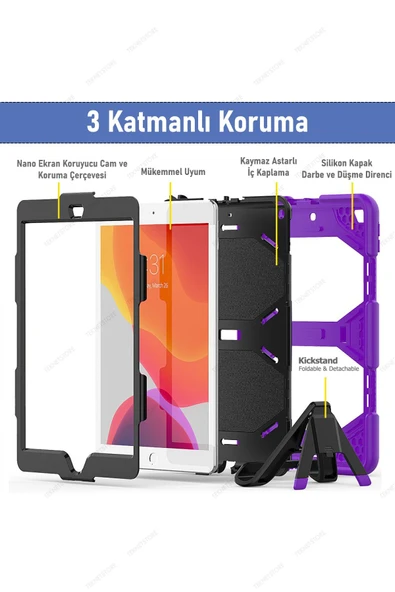 Apple Ipad 5. 6. Nesil 2017 2018 9.7" Inc Kılıfı Defender Tank Zırh Silikon Kılıf Ekran Koruyuculu  Mor - 3