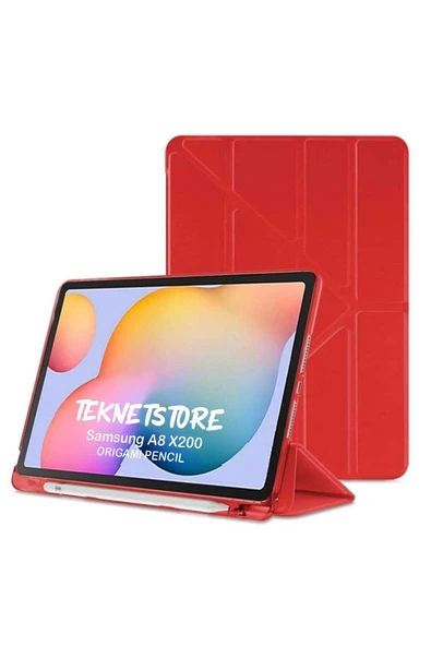 Samsung Galaxy Tab A8 10.5 X200 Uyumlu Origami Kalem Bölmeli Arkası Yumuşak Koruyucu Silikon Kılıf  Kırmızı - Resim 2