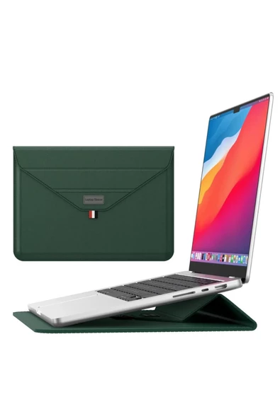 Macbook Pro 14 inç M3 / M3 Pro / M3 Max A2992 Uyumlu Deri Tasarım Standlı Taşıma Çanta  13 - 14,9 inç YEŞİL