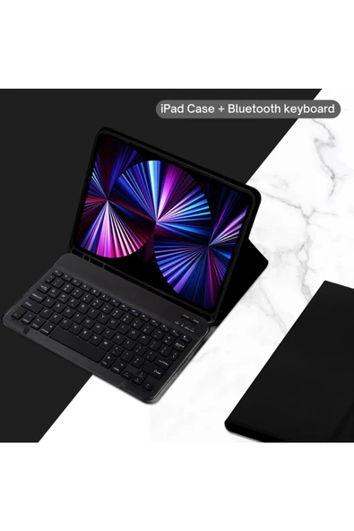 Ipad 8. ve 9. Nesil 2020 /2021 10.2 Inç Tablet Uyumlu Bluetooth Klavyeli Kılıf (Türkçe Klavye)  SİYAH