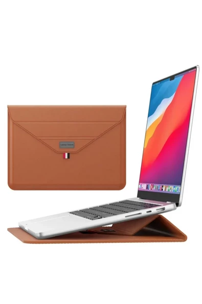 Macbook Air 13.6 Inç M2-m3 Çip 2022/2024 A2681 A3113 Uyumlu Deri Tasarım Standlı Taşıma Çanta  13 - 14,9 inç TABA