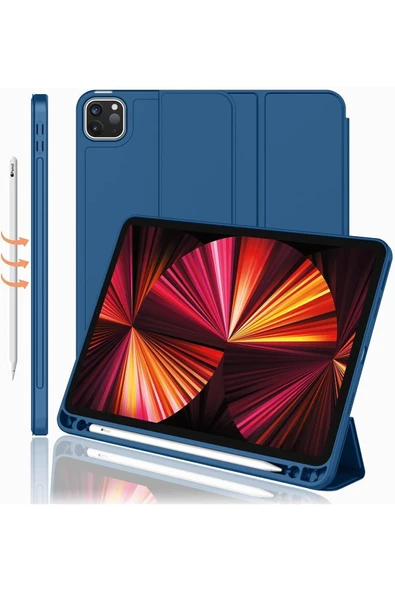Ipad Pro 12.9 Inç 5. Ve 6. Nesil 2021 / 2022 Uyumlu Kalem Bölmeli Uyku Modlu Standlı Silikon Kılıf  LACİVERT - Resim 7