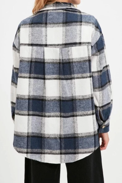 Moda Kadın Gömlek Yaka Ekose Günlük Ekoseli Oversize Geniş Kalıp Dokuma Ceket Gömlek - 4