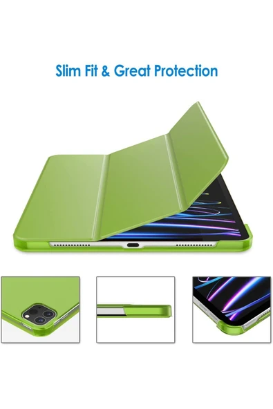 Ipad Pro 12.9" Inç 5.nesil/6.nesil 2021/2022 M2 Çip Uyumlu Flip Smart Standlı Akıllı Kılıf  Açık Yeşil