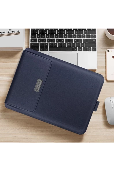 Macbook Air 13.6 Inç M2-M3-M4 Çip 2022/2024/2025 A2681 A3113 A3240 Kılıf Çanta Stand Mıknatıs Kapak  13 - 14,9 inç LACİVERT - Resim 4