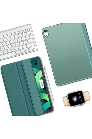 Ipad Air 6 11 Inç M2 Çip 2024 Uyumlu Tablet Kılıfı İnce Tasarım Smart Cover Standlı Akıllı Kapak  Koyu Yeşil - 8
