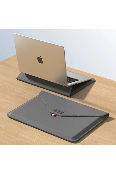 Apple Macbook Air 15 Inç M2-m3 Çip 2023/2024 A2941 A3114 Uyumlu Deri Tasarım Standlı Çanta  15 - 15,9 inç GRİ