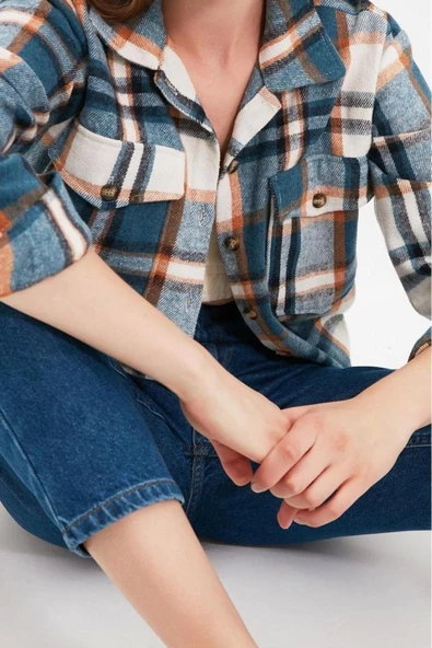 Moda Kadın Gömlek Yaka Baskılı Desen Günlük Ekose Oversize Geniş Kalıp Dokuma Gömlek - 2