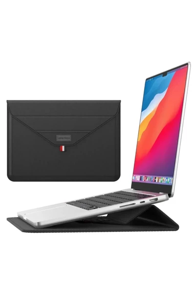 Macbook Air 13.6 Inç M2-m3 Çip 2022/2024 A2681 A3113 Uyumlu Deri Tasarım Standlı Taşıma Çanta  13 - 14,9 inç SİYAH