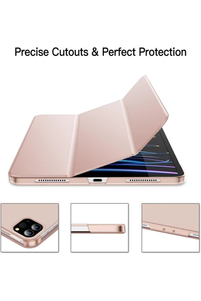 Ipad Pro 12.9" Inç 5.nesil/6.nesil 2021/2022 M2 Çip Uyumlu Flip Smart Standlı Akıllı Kılıf  Rose Gold - 3