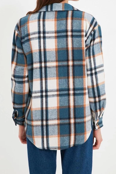 Moda Kadın Gömlek Yaka Baskılı Desen Günlük Ekose Oversize Geniş Kalıp Dokuma Gömlek - 5