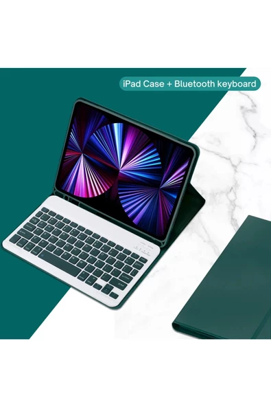 Ipad 8. ve 9. Nesil 2020 /2021 10.2 Inç Tablet Uyumlu Bluetooth Klavyeli Kılıf (Türkçe Klavye)  KOYU YEŞİL