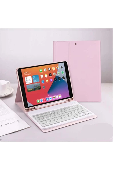 Ipad 8. ve 9. Nesil 2020 /2021 10.2 Inç Tablet Uyumlu Bluetooth Klavyeli Kılıf (Türkçe Klavye)  ROSE GOLD