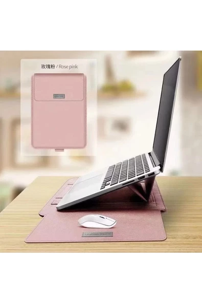 Macbook Pro 14 inç M3 / M3 Pro / M3 Max A2992 Uyumlu Deri Mıknatıslı Standlı Çanta  13 - 14,9 inç ROSE GOLD - 3