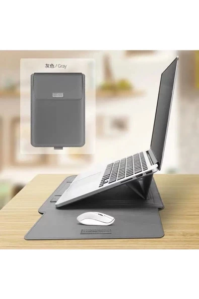 Huawei Matebook D14Uyumlu Kılıf Deri Mıknatıslı Standlı Taşıma ve Çalışma Çantası  13 - 14,9 inç GRİ - 2