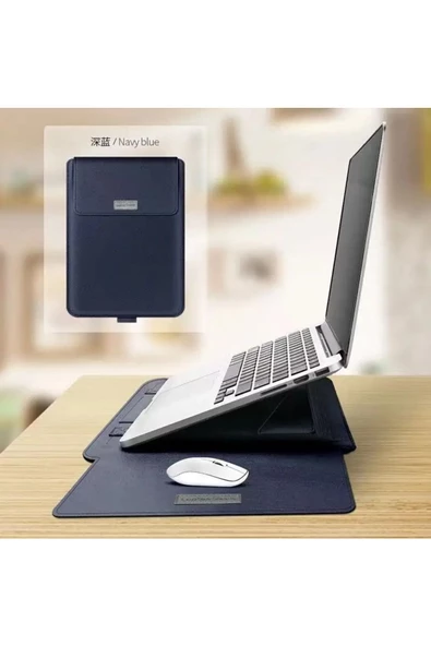 Macbook Pro 14 inç M3 / M3 Pro / M3 Max A2992 Uyumlu Deri Mıknatıslı Standlı Çanta  13 - 14,9 inç LACİVERT - 3