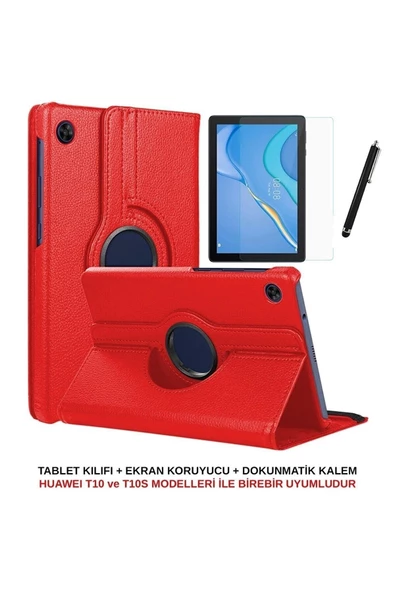 Huawei Matepad T10 / T10s Uyumlu 360 Dönebilen Standlı Koruyucu Kılıf Nano Cam Ve Kalem Seti  kırmızı - 2