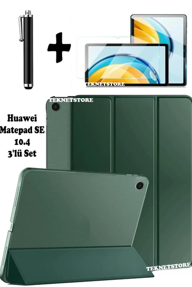 Huawei Matepad Se 10.4 Uyumlu Flip Smart Standlı Uyku Modlu Tablet Kılıfı Ekran Koruyucu Kalem  KOYU YEŞİL