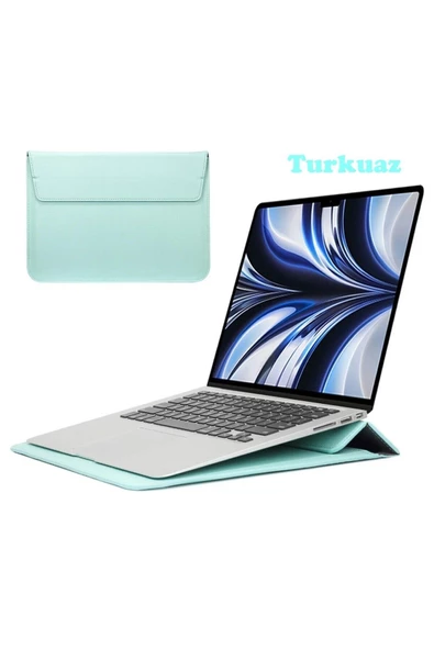 Macbook Air 13.6 M2 M3 M4 Çip 2022 2024 2025 A2681 A3113 A3240 Uyumlu Çanta Pu Deri Stantlı Tasarım  Turkuaz