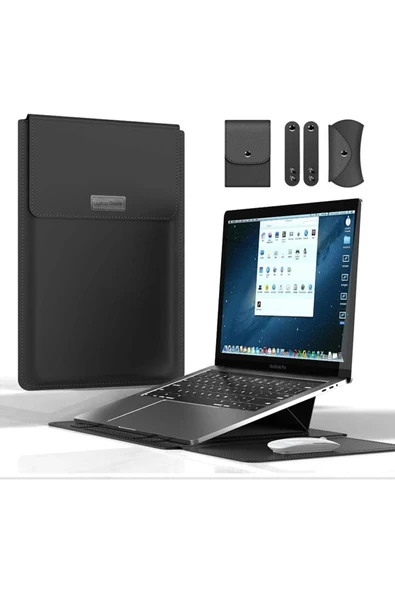 Macbook Pro 14 inç M3 / M3 Pro / M3 Max A2992 Uyumlu Deri Mıknatıslı Standlı Çanta  13 - 14,9 inç SİYAH
