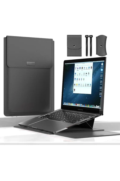 Macbook Pro 14 inç M3 / M3 Pro / M3 Max A2992 Uyumlu Deri Mıknatıslı Standlı Çanta  13 - 14,9 inç GRİ