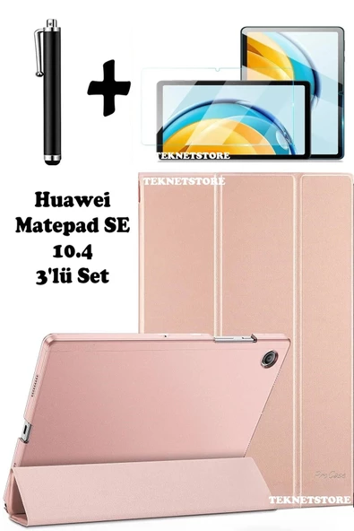 Huawei Matepad Se 10.4 Uyumlu Flip Smart Standlı Uyku Modlu Tablet Kılıfı Ekran Koruyucu Kalem  ROSE GOLD