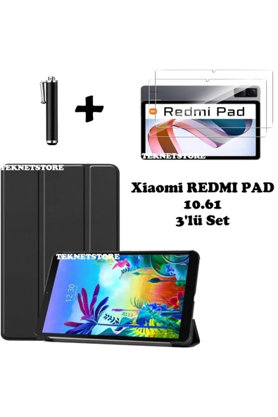 Xiaomi Redmi Pad 10.61 Uyumlu Flip Smart Standlı Uyku Modlu Tablet Kılıfı Ekran Koruyucu Kalem  SİYAH