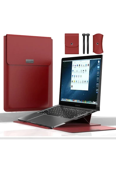 Macbook Pro Air 13 M1-m2 2020/2022 A2179-a2337-a2338-a2251-a2159-a1989-a1708 Deri Mıknatıslı Çanta  13 - 14,9 inç KIRMIZI