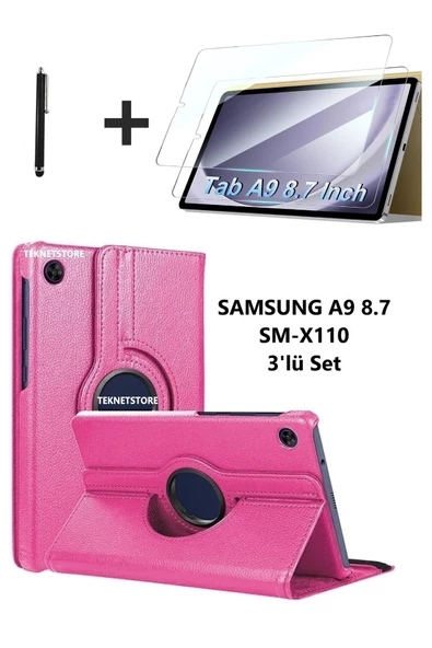 Samsung Galaxy Tab A9 8.7 Inç Tablet Uyumlu 360 Döner Pu Deri Kılıf Seti Sm-x110  PEMBE