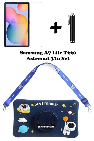 Samsung Galaxy Tab A7 Lite T220 T225 T227 Uyumlu Kedi Kılıf Askılı Standlı Koruyucu 3'lü Set Silikon  MAVİ