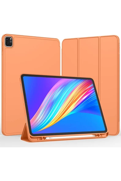 Apple Ipad Pro 4. Nesil M2 2022 11 Inç Tablet Uyumlu Kılıf Uyku Modlu Kalem Bölmeli Silikon Koruyucu  TURUNCU