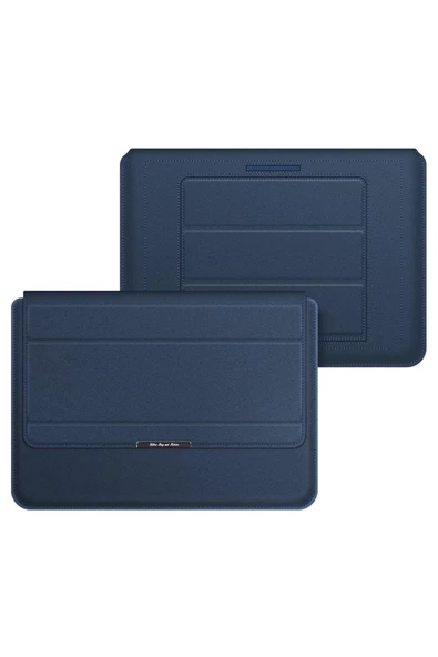 Macbook Pro 14 inç M3 / M3 Pro / M3 Max A2992 Uyumlu Deri Mıknatıslı Tasarım Standlı Çanta  13 - 14,9 inç Lacivert - 2