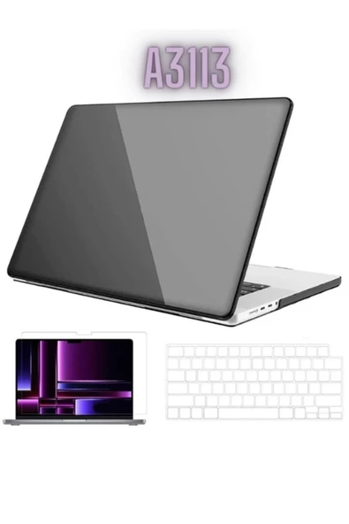 Macbook Air 2024 13.6 Inç M3 Çip A3113 Tam Uyumlu Alt Üst Kılıf Klavye Kılıfı Ekran Koruyucu Film  SİYAH