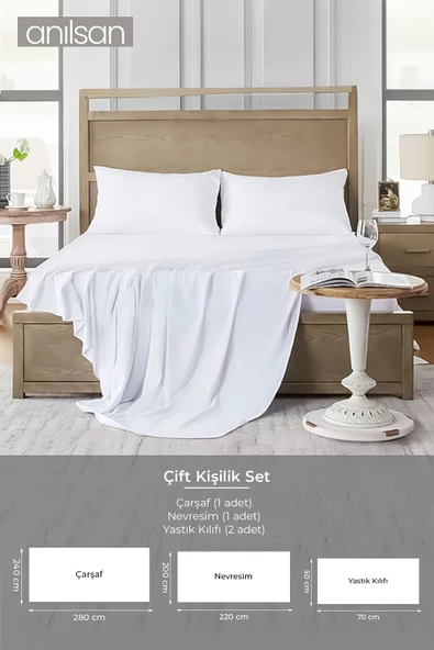 Düz Beyaz Çift Kişilik Lastikli Çarşaf Düğmeli Nevresim Takım %100 Pamuk 2 Adet Yastık Kılıf, 63tel - 2