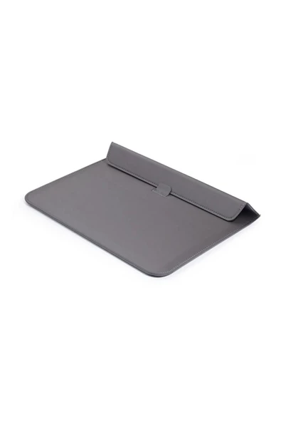 Macbook Air 13.6 M2 M3 M4 Çip 2022 2024 2025 A2681 A3113 A3240 Uyumlu Çanta Pu Deri Stantlı Tasarım  Koyu Gri - 4