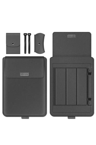 Macbook Pro 14 inç M3 / M3 Pro / M3 Max A2992 Uyumlu Deri Mıknatıslı Standlı Çanta  13 - 14,9 inç GRİ - 2