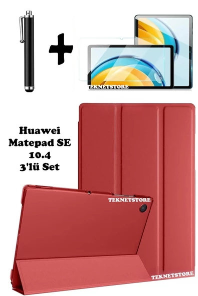 Huawei Matepad Se 10.4 Uyumlu Flip Smart Standlı Uyku Modlu Tablet Kılıfı Ekran Koruyucu Kalem  KIRMIZI