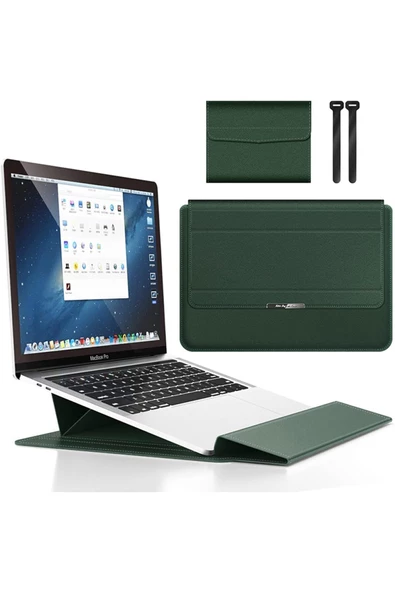 Macbook Pro 14 inç M3 / M3 Pro / M3 Max A2992 Uyumlu Deri Mıknatıslı Tasarım Standlı Çanta  13 - 14,9 inç Yeşil