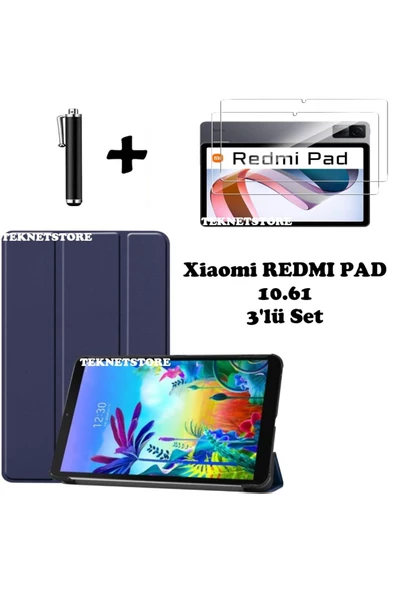 Xiaomi Redmi Pad 10.61 Uyumlu Flip Smart Standlı Uyku Modlu Tablet Kılıfı Ekran Koruyucu Kalem  LACİVERT