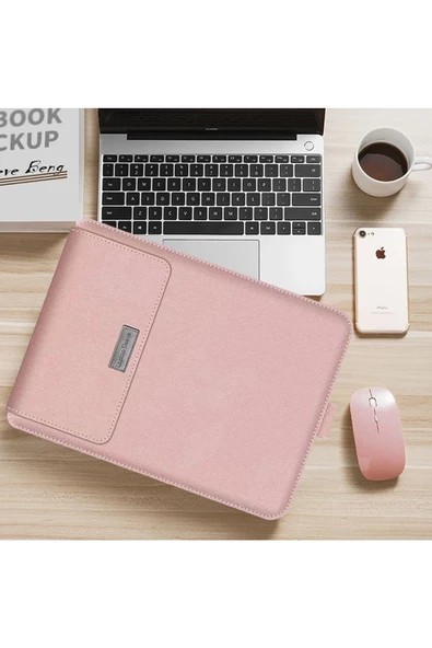 Macbook Pro 14 inç M3 / M3 Pro / M3 Max A2992 Uyumlu Deri Mıknatıslı Standlı Çanta  13 - 14,9 inç ROSE GOLD - 4