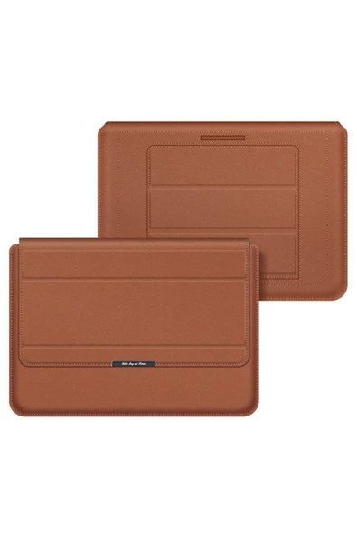 Macbook Pro 14 inç M3 / M3 Pro / M3 Max A2992 Uyumlu Deri Mıknatıslı Tasarım Standlı Çanta  13 - 14,9 inç Taba