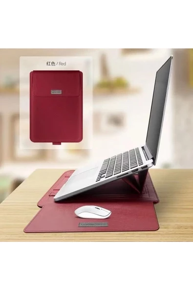 Macbook Pro 14 inç M3 / M3 Pro / M3 Max A2992 Uyumlu Deri Mıknatıslı Standlı Çanta  13 - 14,9 inç KIRMIZI - 3