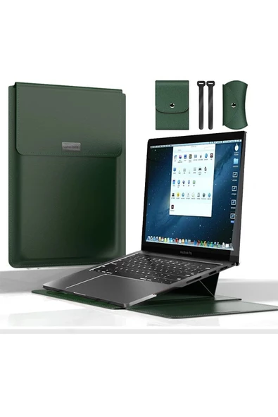 Macbook Pro 14 inç M3 / M3 Pro / M3 Max A2992 Uyumlu Deri Mıknatıslı Standlı Çanta  13 - 14,9 inç YEŞİL