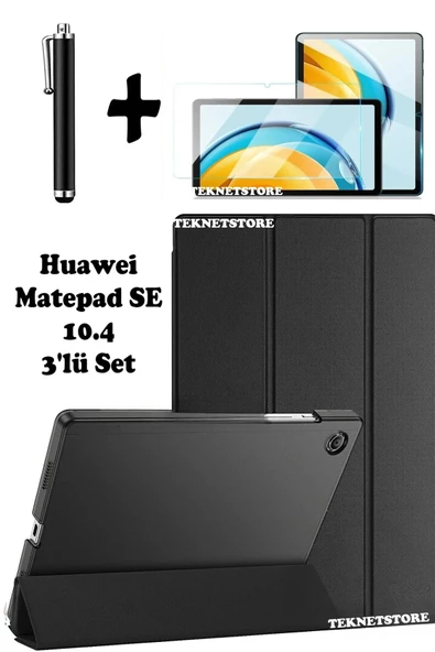 Huawei Matepad Se 10.4 Uyumlu Flip Smart Standlı Uyku Modlu Tablet Kılıfı Ekran Koruyucu Kalem  SİYAH