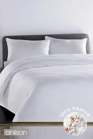 Düz Beyaz Çift Kişilik Lastikli Çarşaf Düğmeli Nevresim Takım %100 Pamuk 2 Adet Yastık Kılıf, 63tel - 7