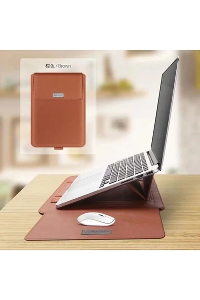 Macbook Pro 14 inç M3 / M3 Pro / M3 Max A2992 Uyumlu Deri Mıknatıslı Standlı Çanta  13 - 14,9 inç TABA