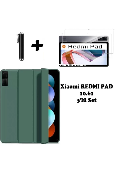 Xiaomi Redmi Pad 10.61 Uyumlu Flip Smart Standlı Uyku Modlu Tablet Kılıfı Ekran Koruyucu Kalem  KOYU YEŞİL